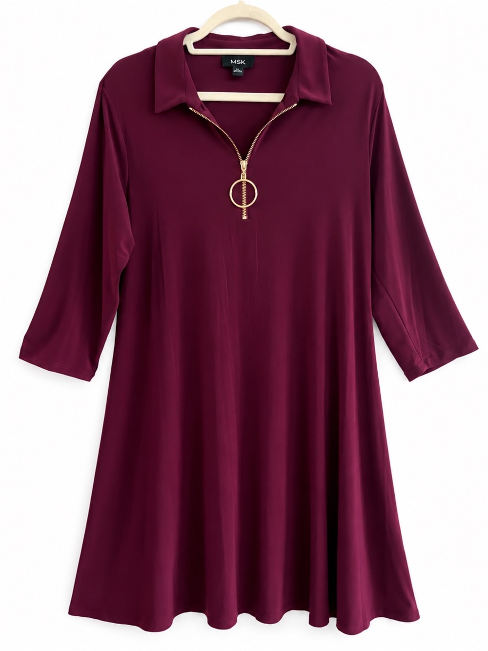 MSK Women's Burgundy Zip-Front A-Line Long Sleeve Dress
